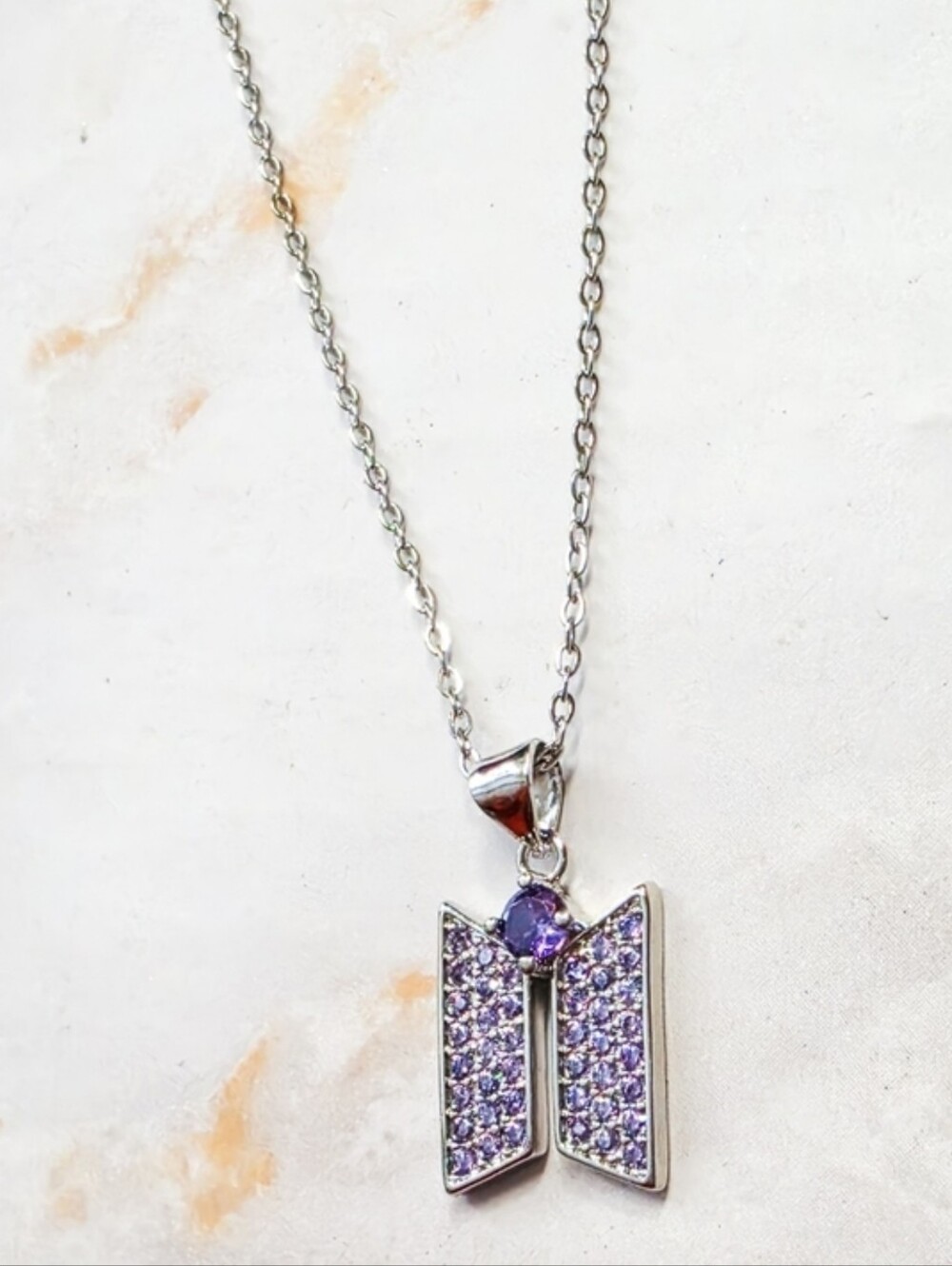 BTS Inspired Purple Crystal Logo Necklace Kpop ARMY Fan Jewelry Silver Tone - Picture 3 of 7